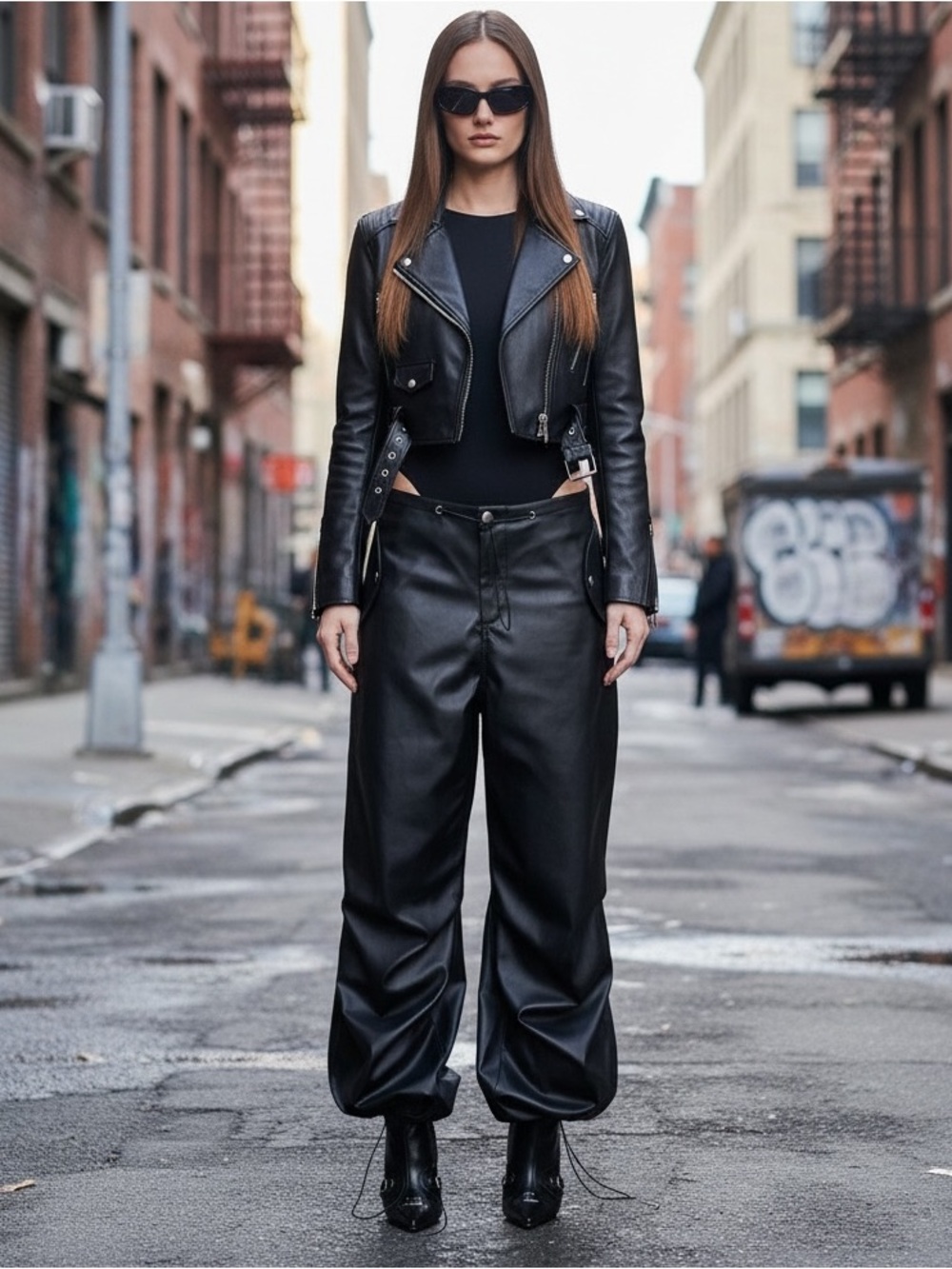 Edikted Rebel Faux Leather Cargo Pants Adjustable Hem XS/S